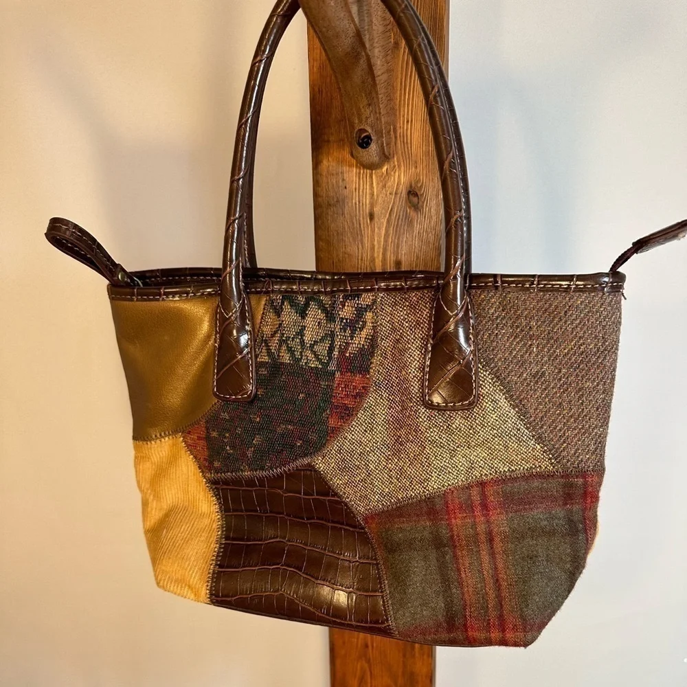 Womens Small Hobo Patchwork Leather Corduroy Plaid Tweed Handbag Purse Pockets